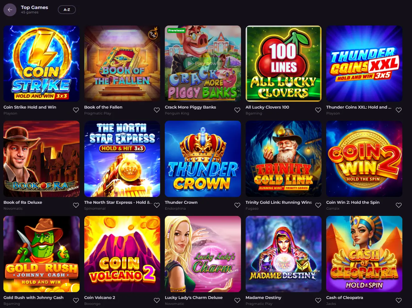 Rockyspin Top-Spiele Raster zeigt beliebte Slot-Vorschaubilder klar.